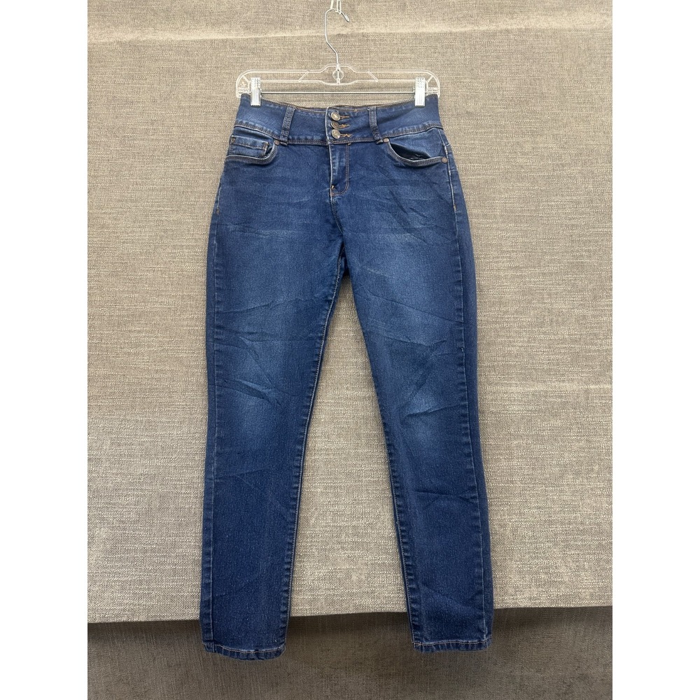 Bamboo Jeans Women 9/10 Blue Denim Stretch Button Fly Medium Wash Skinny Leg